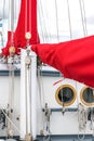 Mast, sails and window or porthole on a tall ship Royalty Free Stock Photo
