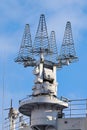 Mast of ship with navigation equipment, bottom view