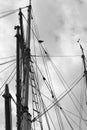 Black and white photo of vintage tall sailing ship mast