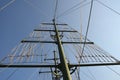 Mast on a yacht with a lot of ropes against a sunny blue sky on a summer day Royalty Free Stock Photo