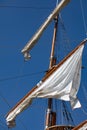 Mast, yards and sails, an old sail ship. Blue sky in background.Mikolajki - Poland, Yachts, power boats and sailboats in a marina. Royalty Free Stock Photo