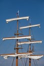 Mast, yards and sails, an old sail ship. Blue sky in background.Mikolajki - Poland, Yachts, power boats and sailboats in a marina.