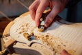 Master artisan luthier working on the creation of a violin. painstaking detailed work on wood. Royalty Free Stock Photo