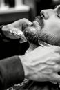 Master barber crafting precise beard line in stylish monochrome shop with spotlighting