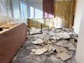 Master bathroom tear down with shower, wall, floor tile and tub removed for remodel Royalty Free Stock Photo