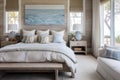 master bedroom with beach-inspired bedding and driftwood headboard