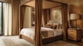 The master bedroom boasts a canopy bed crafted from solid walnut wood with billowy silk curtains in warm earth tones