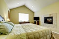 Master bedroom with built in fireplace and vaulted ceiling.