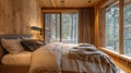 The master bedroom has a cozy yet minimalist vibe incorporating sustainable materials and soft lighting from the