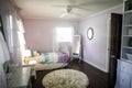 Master bedroomYoung girl`s light purple lavendar lilac walls and bed Royalty Free Stock Photo