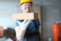 Master builder man holding red brick at construction site Royalty Free Stock Photo