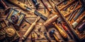 A Master Carpenters Precision Tools Overhead View of a Wooden Hammer and Chisel Exposing the Craftsmanship of Essential