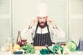 Master chef concept. Culinary is exciting. Chef handsome hipster. Get ready. Man bearded chef getting ready cooking Royalty Free Stock Photo