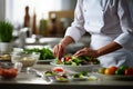 Master chef cook woman hands precisely cooking dressing preparing tasty fresh delicious mouthwatering gourmet dish food