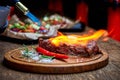 Master chef cooking barbecue Beef Grilled steak meat with fire flames on wooden table