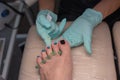 Master chiropody applying gel nail polish. Spa. Concept body care