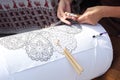 Master class of bobbin lace making closeup Royalty Free Stock Photo