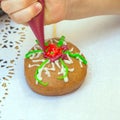 Master class with children on coloring gingerbread icing.