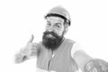 Master committed to superior quality and results. Master builder give thumbs up hand. Bearded man master happy smiling Royalty Free Stock Photo