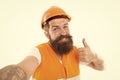 Master committed to superior quality and results. Master builder give thumbs up hand. Bearded man master happy smiling Royalty Free Stock Photo