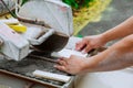 master cut the tile on the machine master cut tiles on the machine Royalty Free Stock Photo