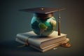 Master degree hat on top globe book. Concept of graduate educational