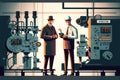 Master and engineer of foundry industry stand in shop next to machines