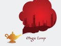 Aladdin Magic lamp cloud conceptual Construction skyline composition of realistic golden vessel and magic particulate materials wi Royalty Free Stock Photo