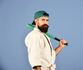 Master gets ready to fight. Baseball player with serious face Royalty Free Stock Photo