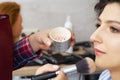 Master inflicts brush powder on the face of the girl, completes the day make-up in a beauty salon. Stylist at this time