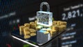 The master key or lock and gold coins on tablet for business concept 3d rendering