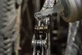 Master lubricates the chain on a bicycle