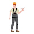 Master plastering wall plasterer, profession, character, uniform, tool putty knife. Vector illustration of cartoon flat Royalty Free Stock Photo