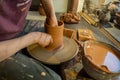 A master potter in an old craft workshop professionally forms a pot of clay with his hands. Royalty Free Stock Photo