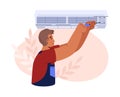 Master repairs wall-mounted air conditioner, flat vector illustration isolated.