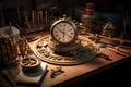 Master's table with tools and clockwork details, clock mechanisms disassembled for repair