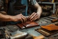 Master tanner in his leather workshop working on a leather wallet Royalty Free Stock Photo