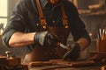 Master tanner in his leather workshop working on a leather wallet