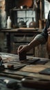 Master tanner in his leather workshop working on a leather wallet