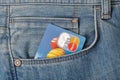 MasterCard credit card in pocket of blue jeans closeup