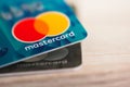 Mastercard logo on a credit card. Close up, brand editorial macro shot