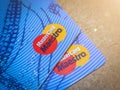 MasterCard plastic electronic, credit cards closeup, macro. Master Card is international payment system. Royalty Free Stock Photo