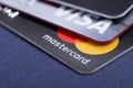 Mastercard and Visa plastic electronic card macro close up view. Belgorod , Russia - JUN, 08, 2020