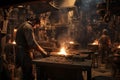 Masterful Blacksmith Crafting Intricate Iron Art in Rustic Workshop