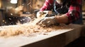 Masterful Craftsmanshipa: Carpenter Working on a Wooden Table in Carpentry Shop, Generative AI