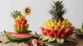 A masterful display of fruit carving featuring a multilayered pineapple tower with intricate designs and a watermelon Royalty Free Stock Photo