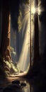 A Masterful Heavenly Lighting: Sun Shines on Redwood Trees in Forest