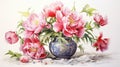 Masterful Watercolor Paintings Of Pink Peonies In A Vase Royalty Free Stock Photo