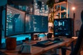 Mastering Software Development: Coding on a Powerful Dual Monitor Setup with RGB Lighting in a Cozy Home Office, Enhancing
