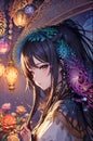 A masterpiece of a beautiful and aesthetic anime girl with flower, old lantern, anime style, wallpaper design